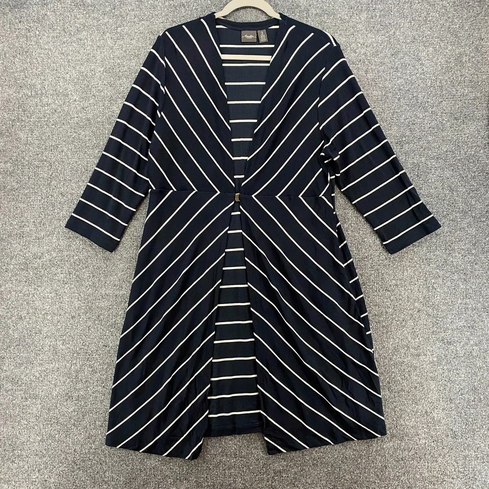 Chicos Travelers Cardigan 2 Womens L Blue Striped Slinky Duster Travel Preppy